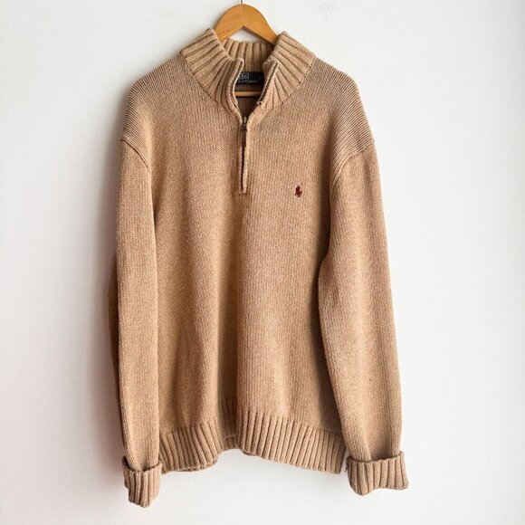 Vintage Polo Ralph Lauren Camel Beige Cotton Quarter Zip Sweater men's XXL - Picture 1 of 6